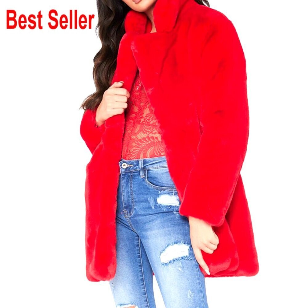 Faux Fur Coat with Lining, Lapel, Buttons, Pockets, Elastic Cuffs